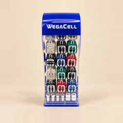 Representative WegaCell WL-9915AS accessory counter-display mockup on beige — assortment illustrative