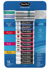 CHAPSTICK LIP BALM 12CT BLISTER PACK..ORIGINAL / STRAWBERRY / MOISTURE / CHERRY / SPERAMINT