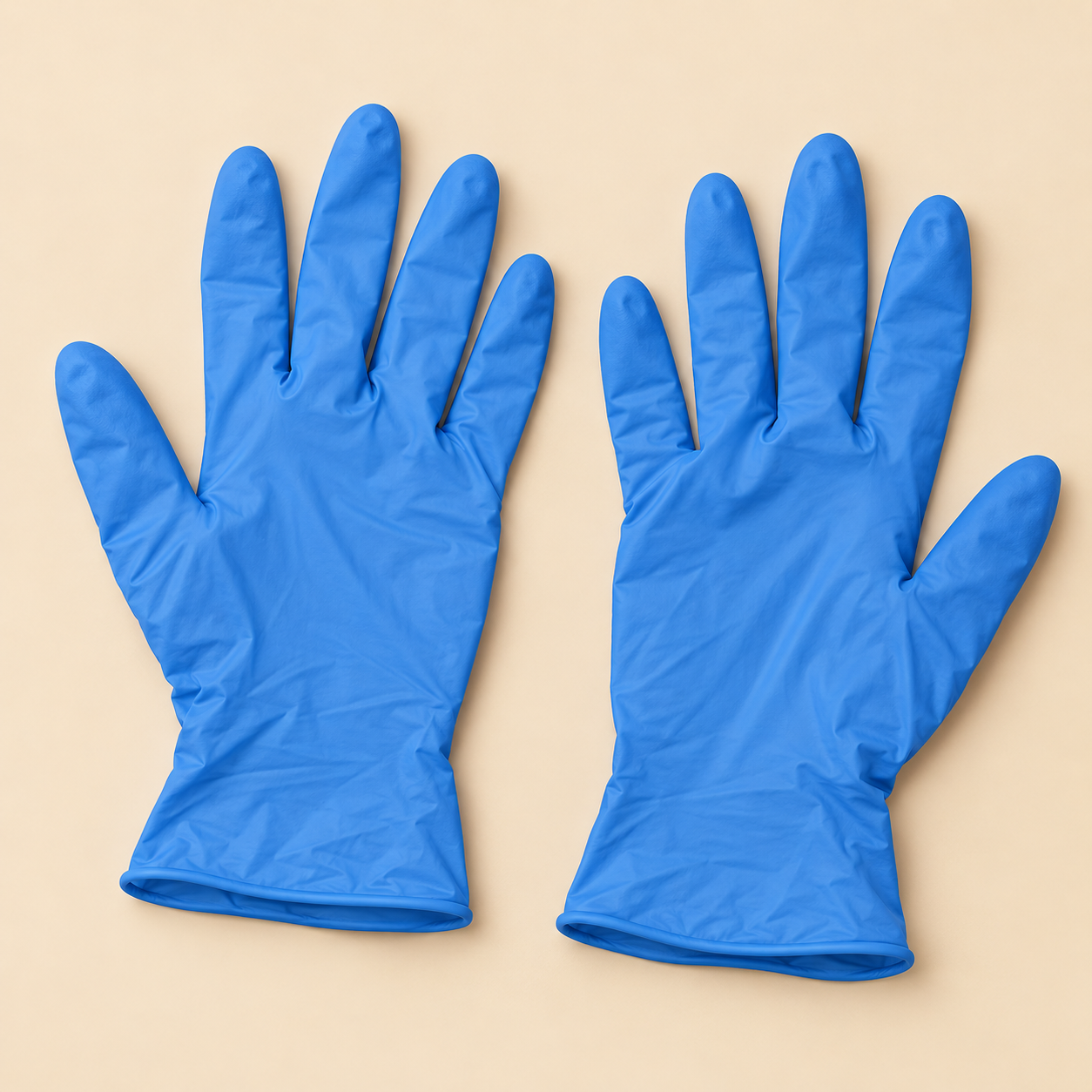 Illustrative opaque blue nitrile gloves on beige; representative pair for extra-large 100-count listing