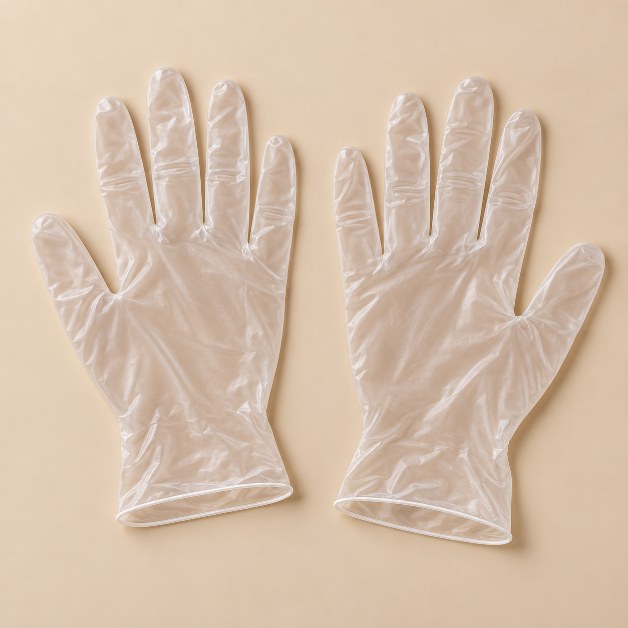 Clear vinyl disposable gloves — representative unbranded mockup on beige; size shown in listing