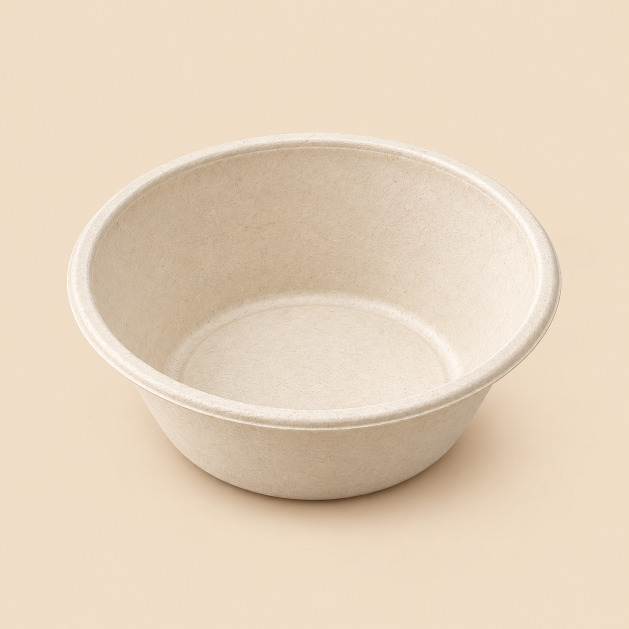 Illustrative product mockup: one empty unbranded 32-fluid-ounce disposable biodegradable molded-fiber round bowl, natural off-white bagasse texture, deep food-service bowl with flared sides and circular rim; no lid