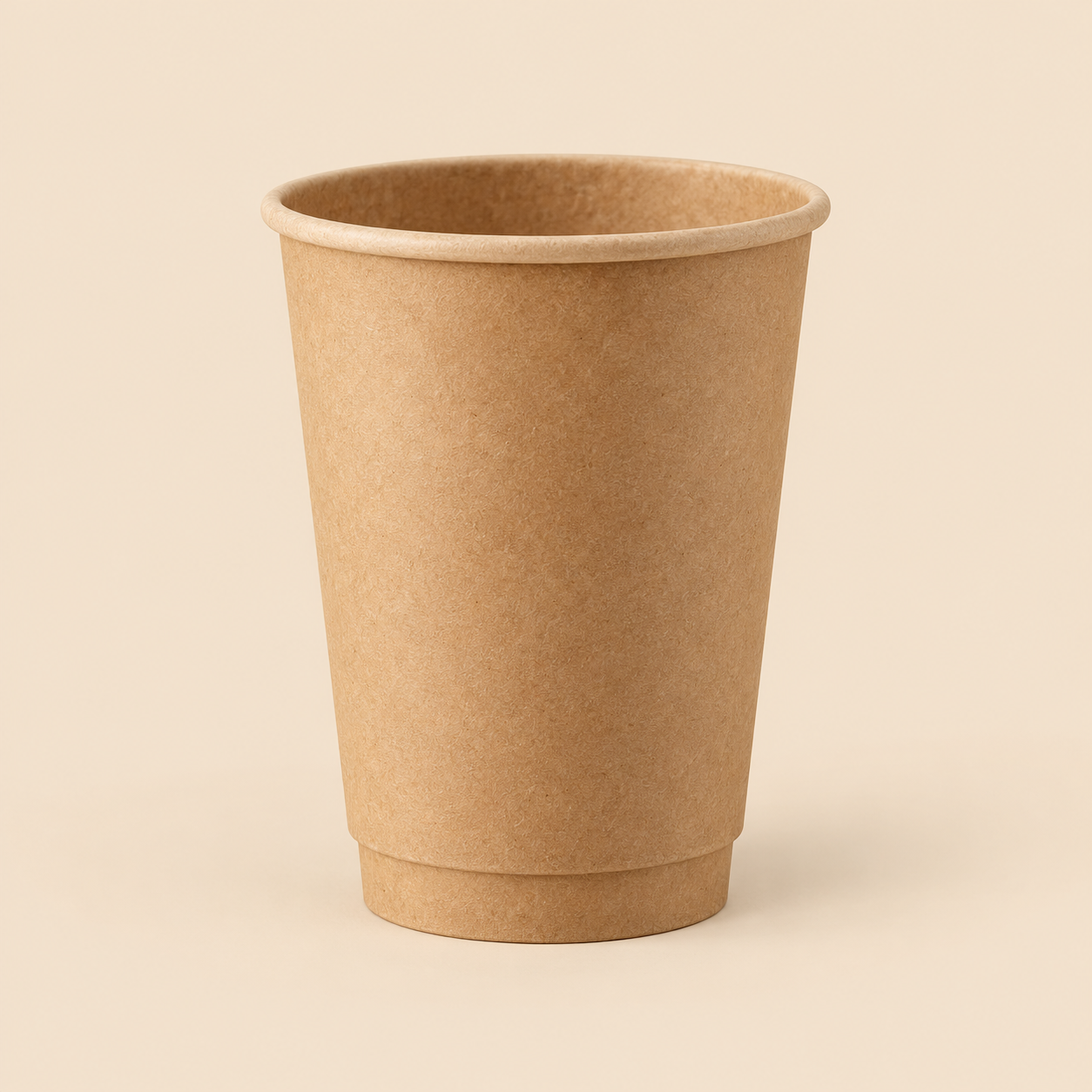 12oz KRAFT DOUBLE WALL COFFEE CUPS PRINTED -500 CT — illustrative mockup on beige background
