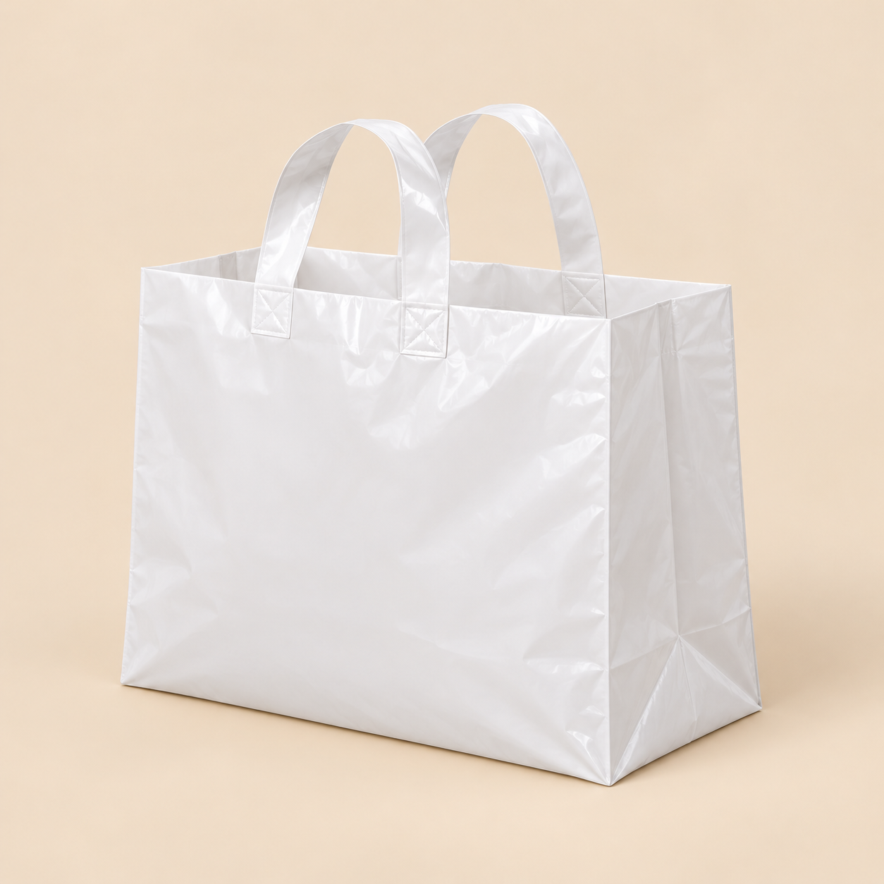 17 x 14.5 x 8.25 BIG BITES LOOP HANDLE BAGS - 500 CT — illustrative mockup on beige background