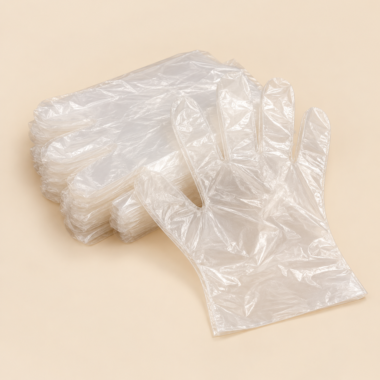 CLEAR POLY GLOVES LARGE 0.3 MIL 200CT (NO EXCHANGE / NO RETURN ) — illustrative mockup on beige background