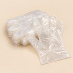 CLEAR POLY GLOVES LARGE 0.3 MIL 200CT (NO EXCHANGE / NO RETURN ) — illustrative mockup on beige background