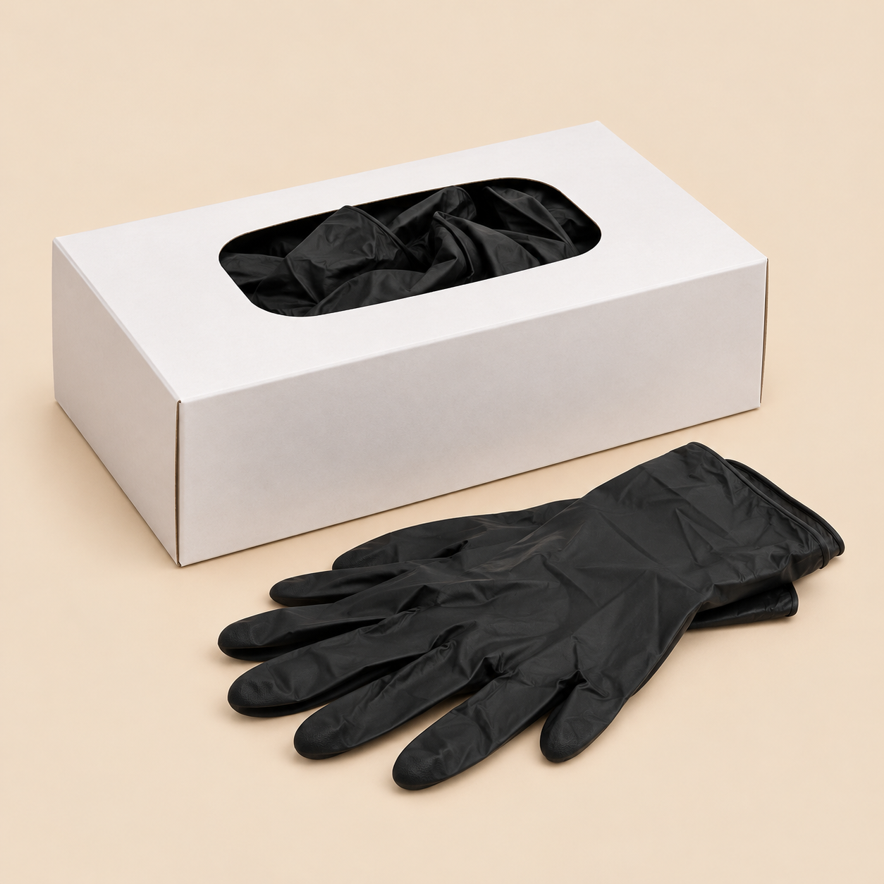 BLACK NITRILE GLOVES LARGE - 100CT ( NO EXCHANGE/ RETURN ) — illustrative mockup on beige background