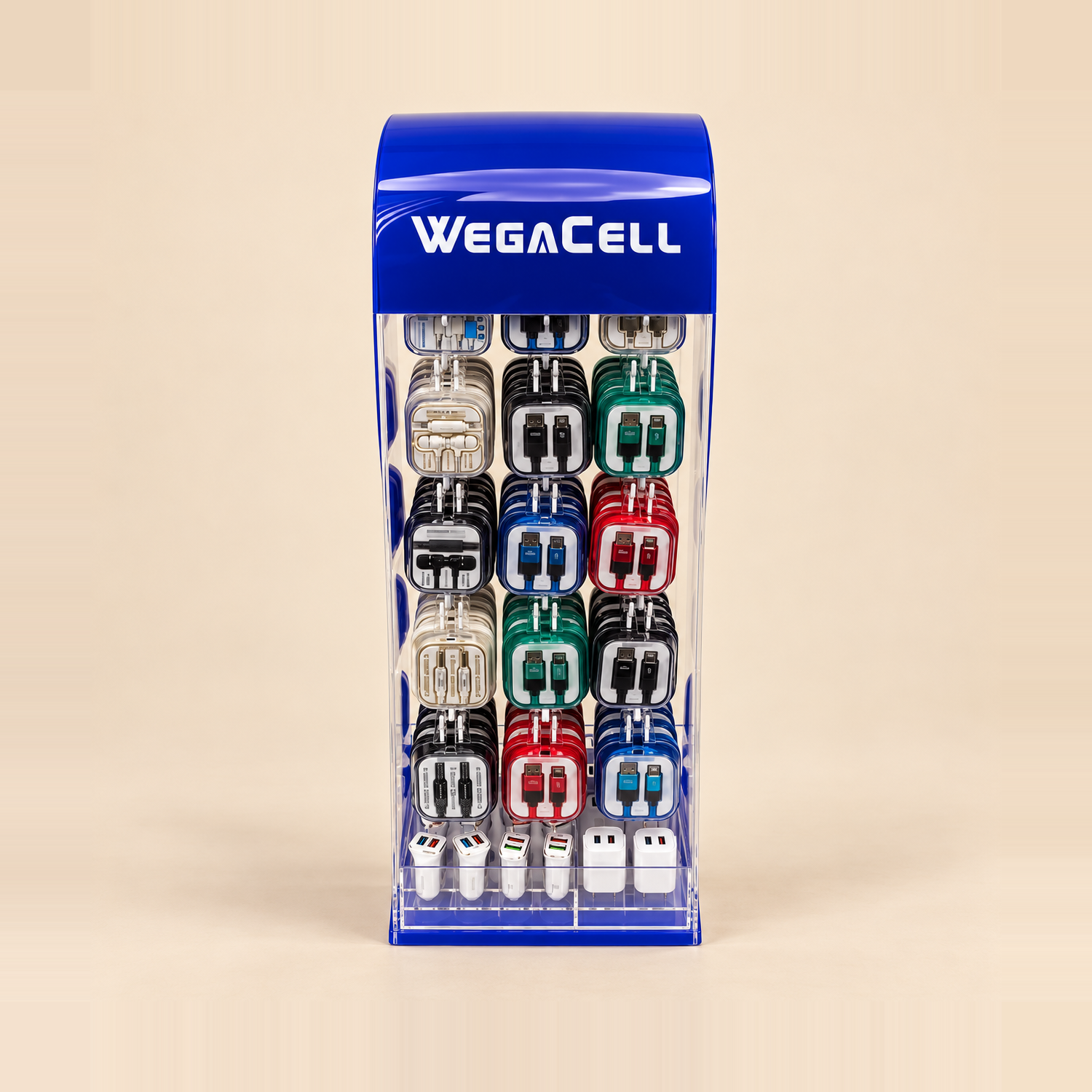 Representative WegaCell WL-9915AS accessory counter-display mockup on beige — assortment illustrative