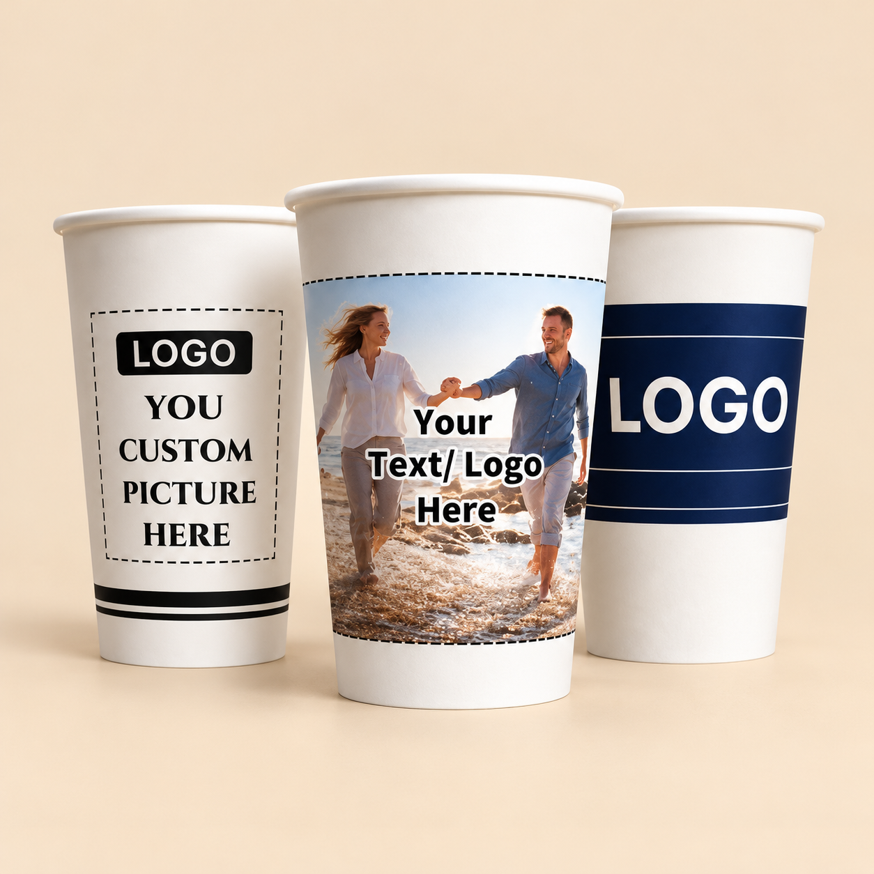 12 oz COFFEE CUPS PRINTED -1000 CT — illustrative studio photo on beige