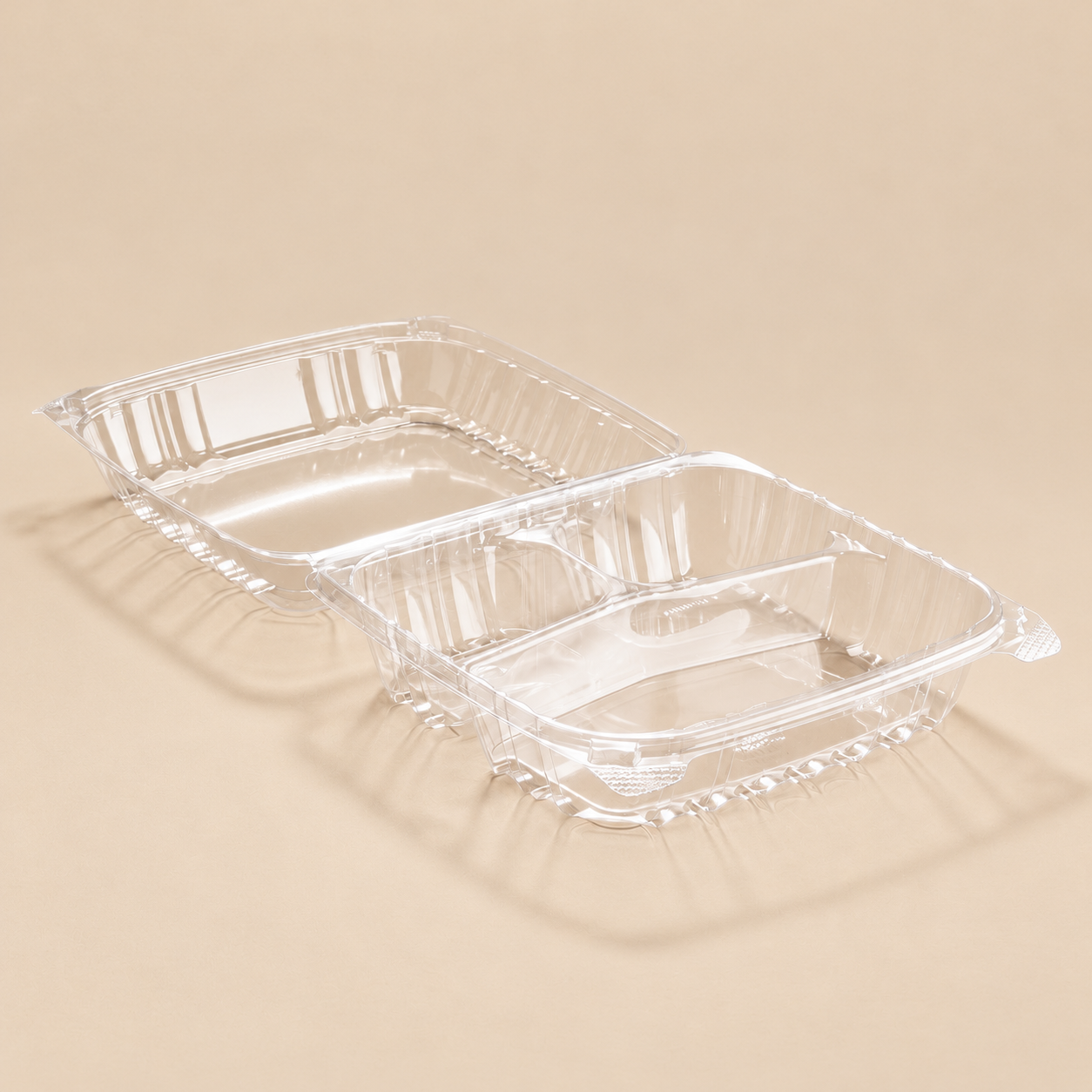 Dart C90PST3 open clear hinged container — three compartments visible on beige