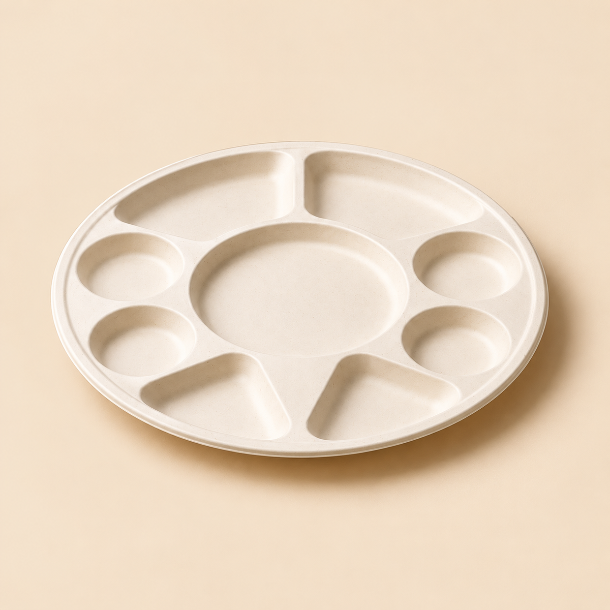 9 COMPT ROUND MEAL TRAY  BIO DEGRADABLE  - 200CT — beige studio product photo