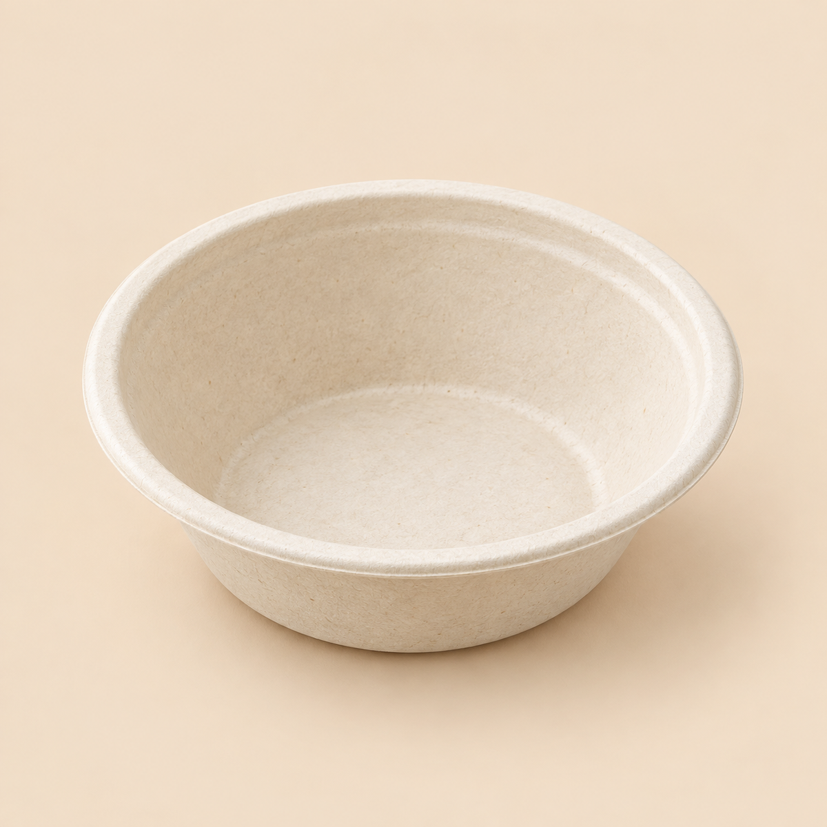 Illustrative product mockup: one empty unbranded 8-fluid-ounce disposable biodegradable molded-fiber round bowl, off-white natural bagasse texture, small shallow bowl with smooth flared sides and broad circular rim; no lid