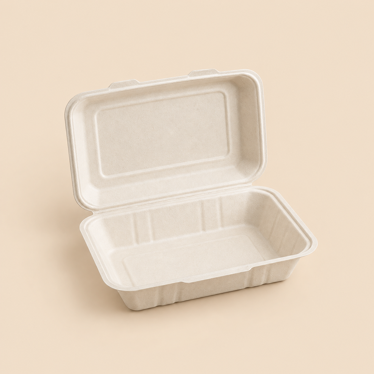Illustrative mockup: one empty unbranded biodegradable sugarcane bagasse 9 by 6 inch rectangular clamshell takeaway container with a single undivided food compartment and matching hinged lid, opened to approximately 110 degrees, natural off-white molded fiber texture