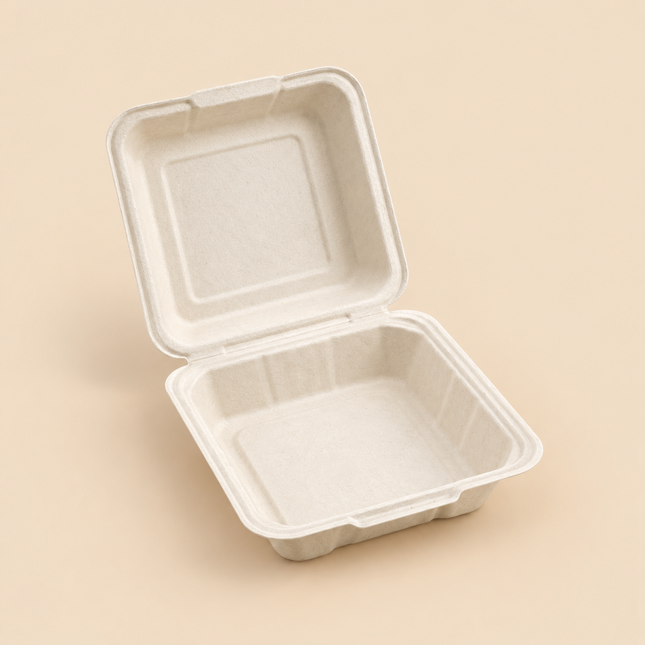 Illustrative mockup: one empty unbranded biodegradable sugarcane bagasse 9 by 9 inch square clamshell takeaway container with a single undivided food compartment and matching hinged lid, opened to approximately 110 degrees, off-white molded fiber texture