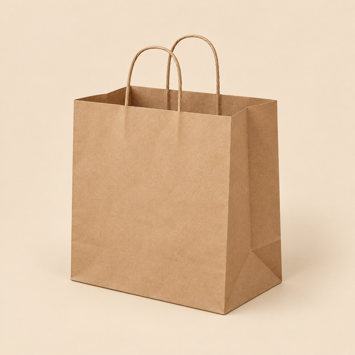 12 X 9 X 13 PRINTED HANDLE BAGS - 500CT — illustrative mockup on beige background
