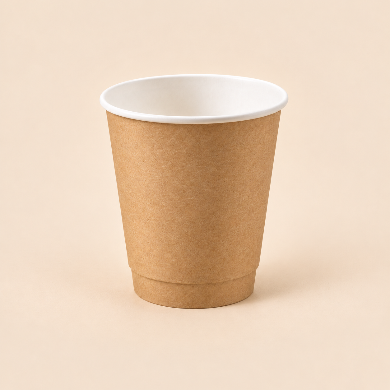 8oz KRAFT DOUBLE WALL COFFEE CUPS -500CT — illustrative mockup on beige background