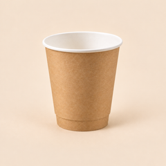 8oz KRAFT DOUBLE WALL COFFEE CUPS -500CT — illustrative mockup on beige background