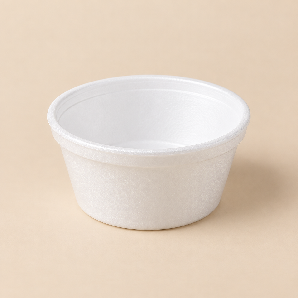 F6 6oz HOT & COLD FOAM CONTAINER. - 1000CT — illustrative mockup on beige background