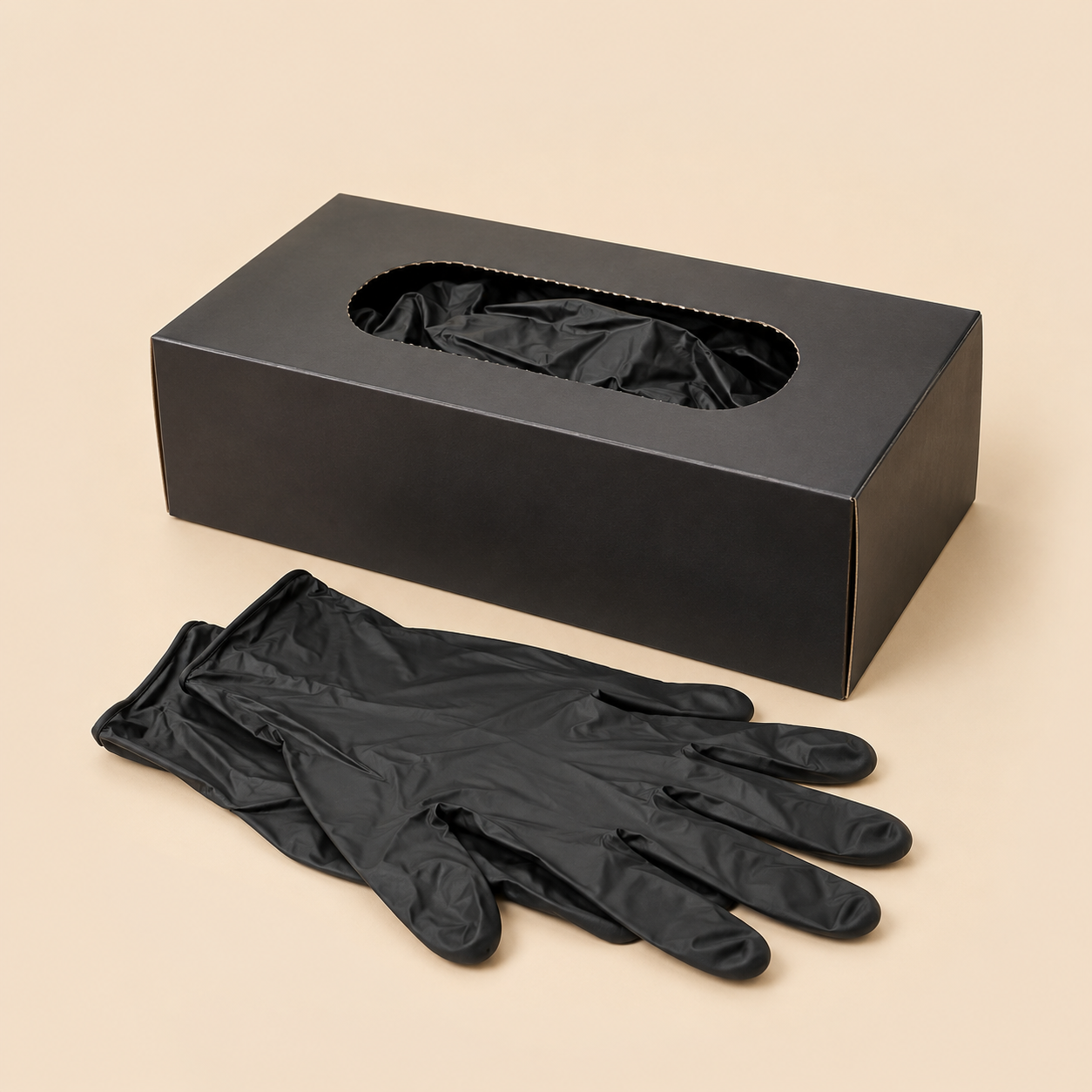 BLACK NITRLE GLOVES MEDIUM - 100CT ( NO EXCHANGE/ RETURN ) — illustrative mockup on beige background