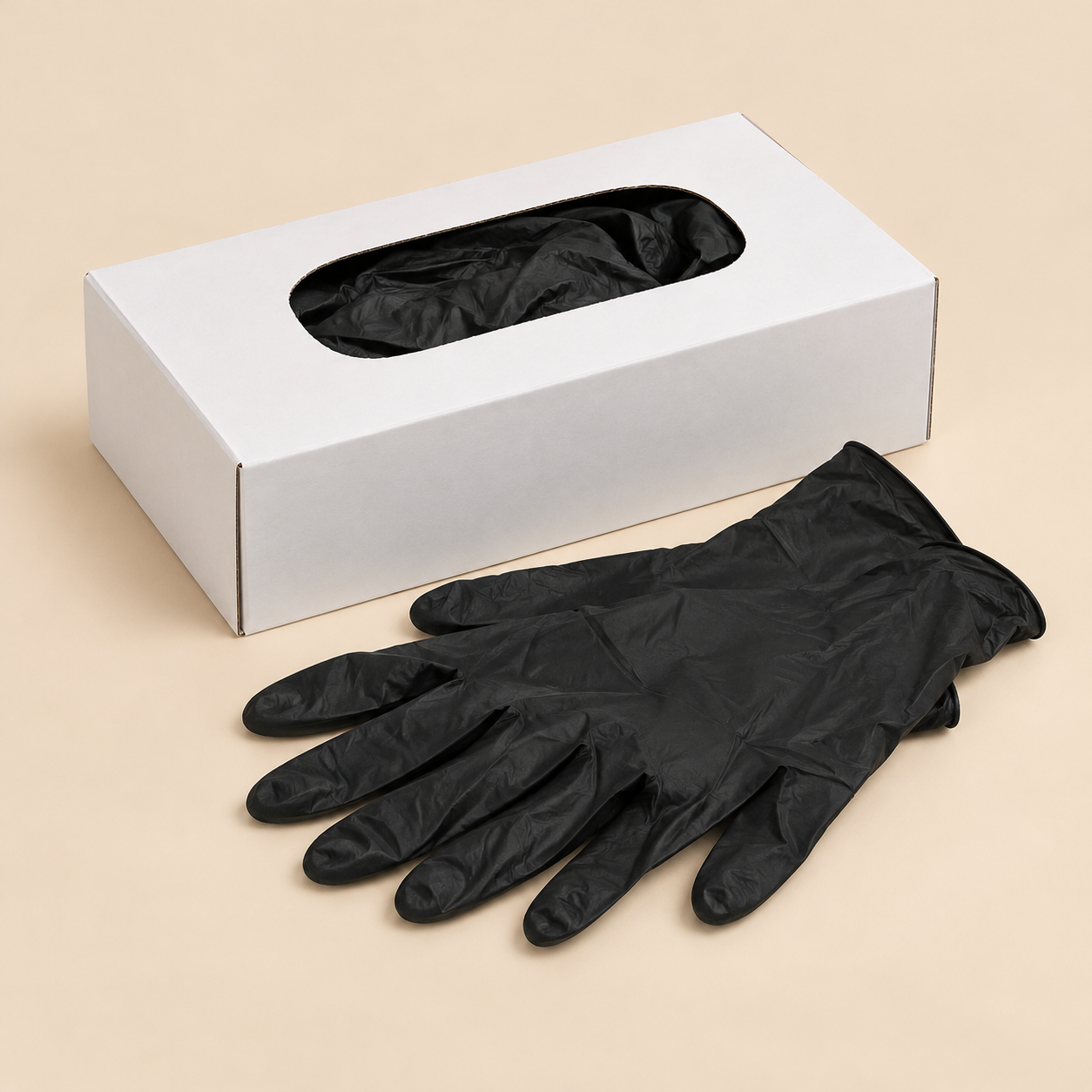 BLACK NITRILE GLOVES XTRA LARGE - 100CT ( NO EXCHANGE/ RETURN ) — illustrative mockup on beige background