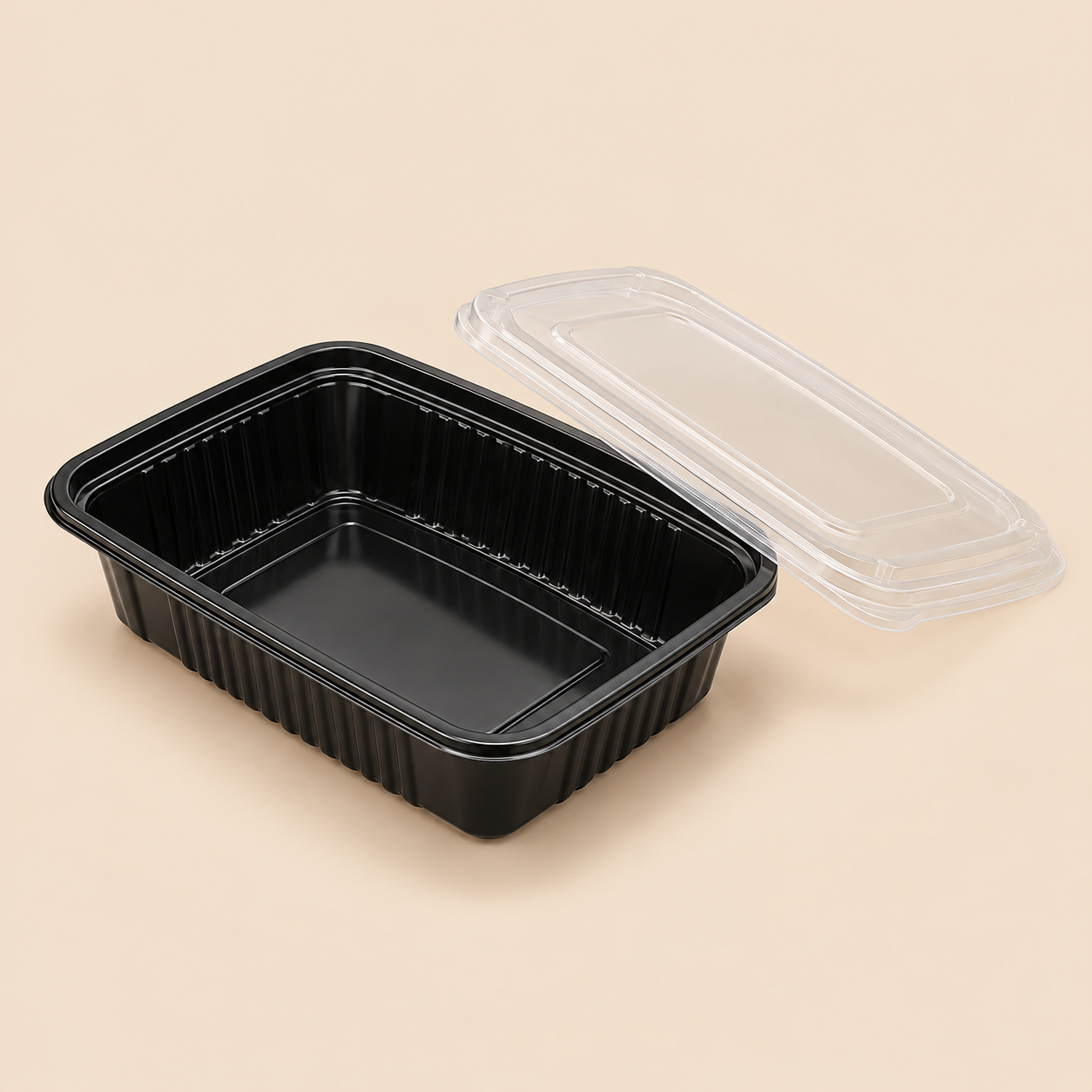 48oz RECTANGULAR CONTAINER COMBO - 150CT — illustrative mockup on beige background