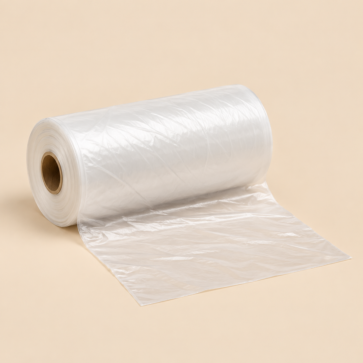 12 X 15 HDPE PRODUCE ROLL 1500PCS X 2 CT. — illustrative mockup on beige background