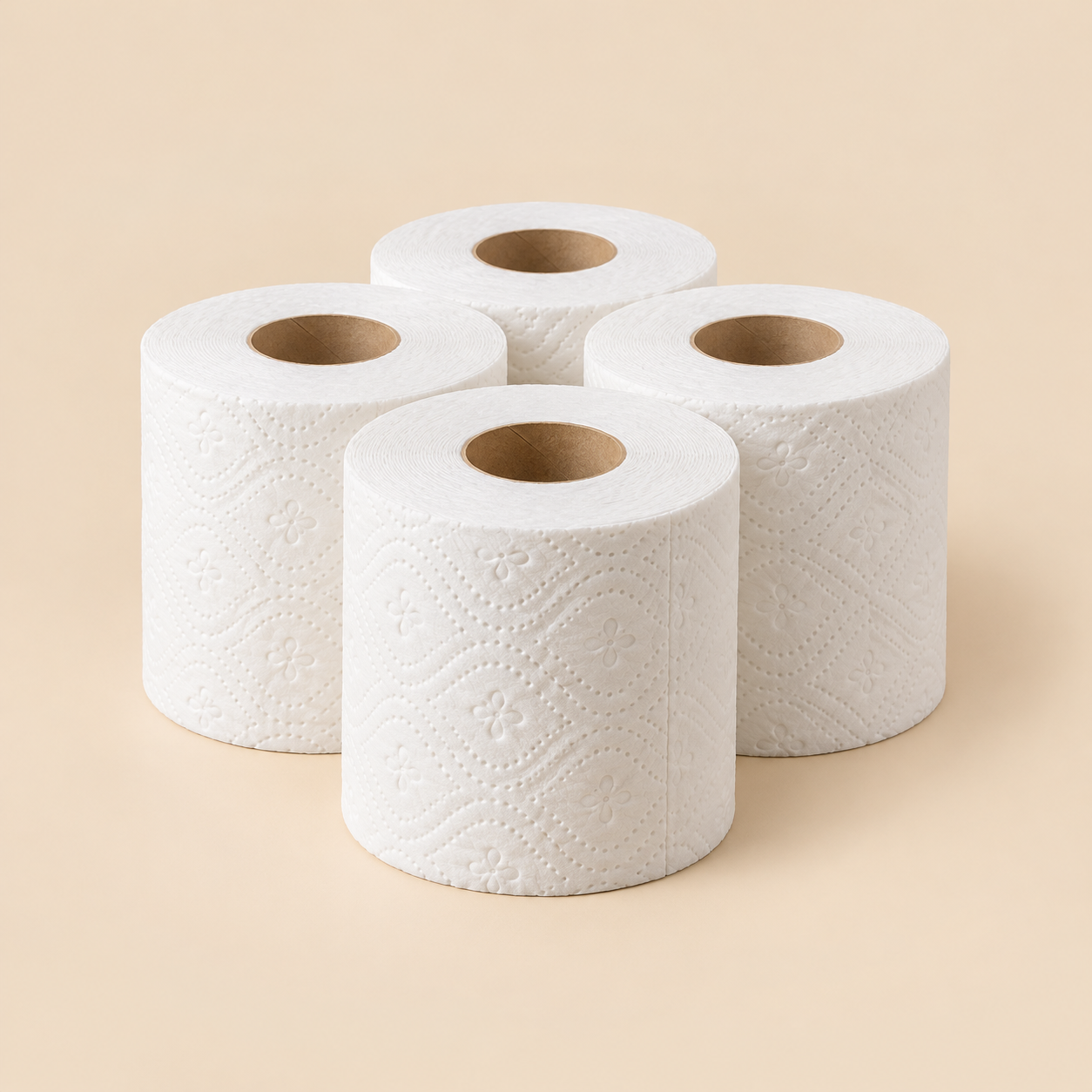HARMONY BATH TISSUE 2 PLY 240 SHEETS 4 PACK / 12 CT — illustrative mockup on beige background