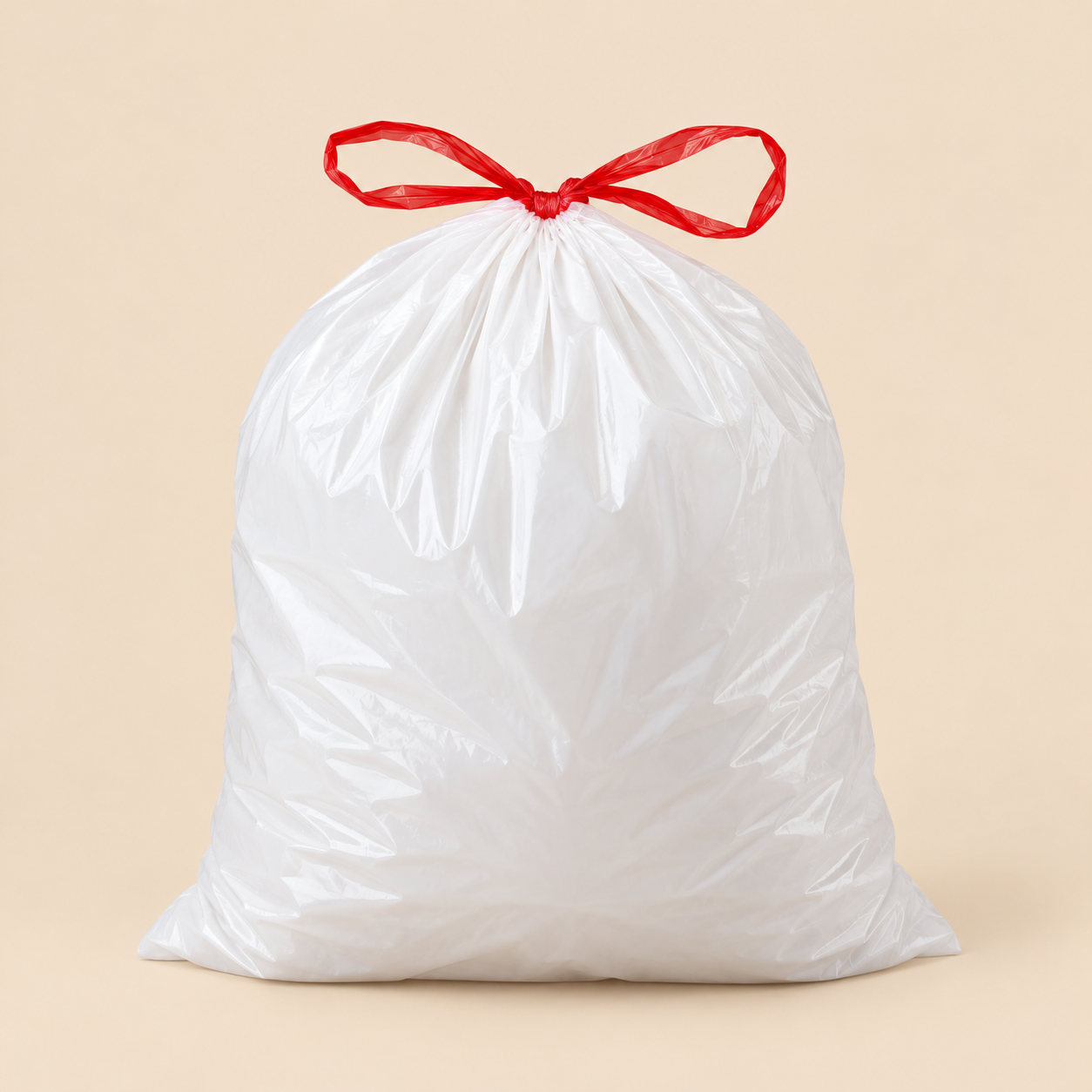 13 GAL. WHITE DRAW STRING 100 CT. — illustrative mockup on beige background