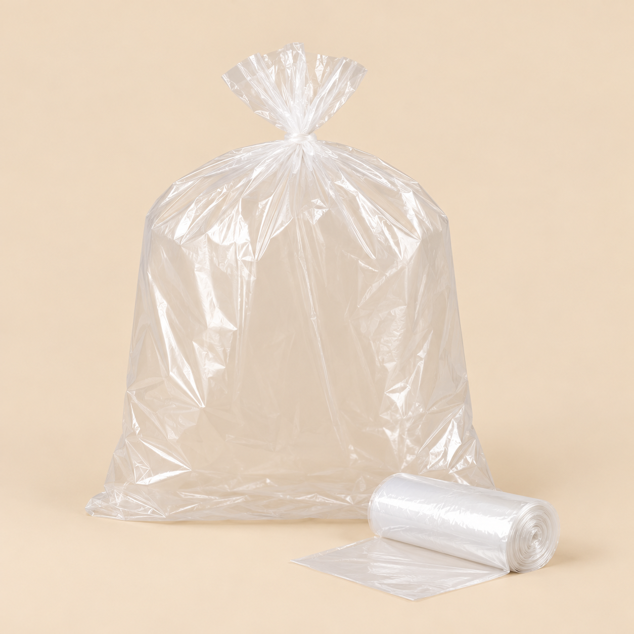 60 gal. 38 X 60 CLEAR 1.6 MIL 100CT HD — illustrative mockup on beige background