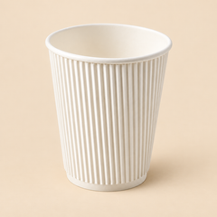 12oz  WHITE TRIPPLE WALL RIPPLE COFFEE CUPS 500CT on beige studio background