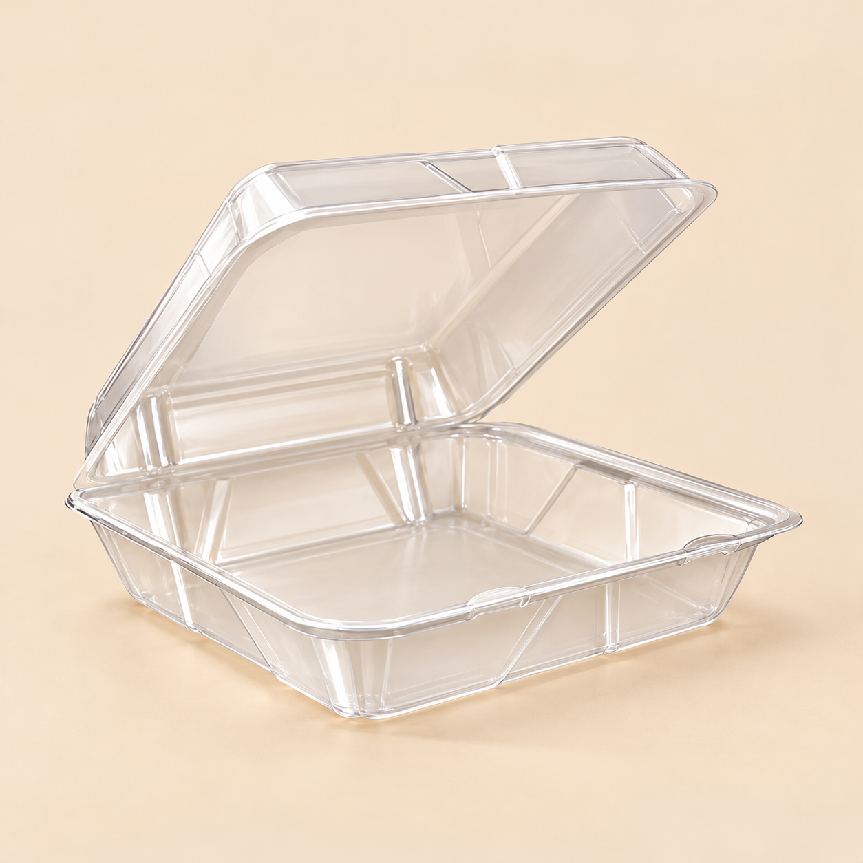 HAPPY FACE HINGED 1CMPT CONT  7. 5 X 8 . 4 X 2.   200 CT — beige studio product photo