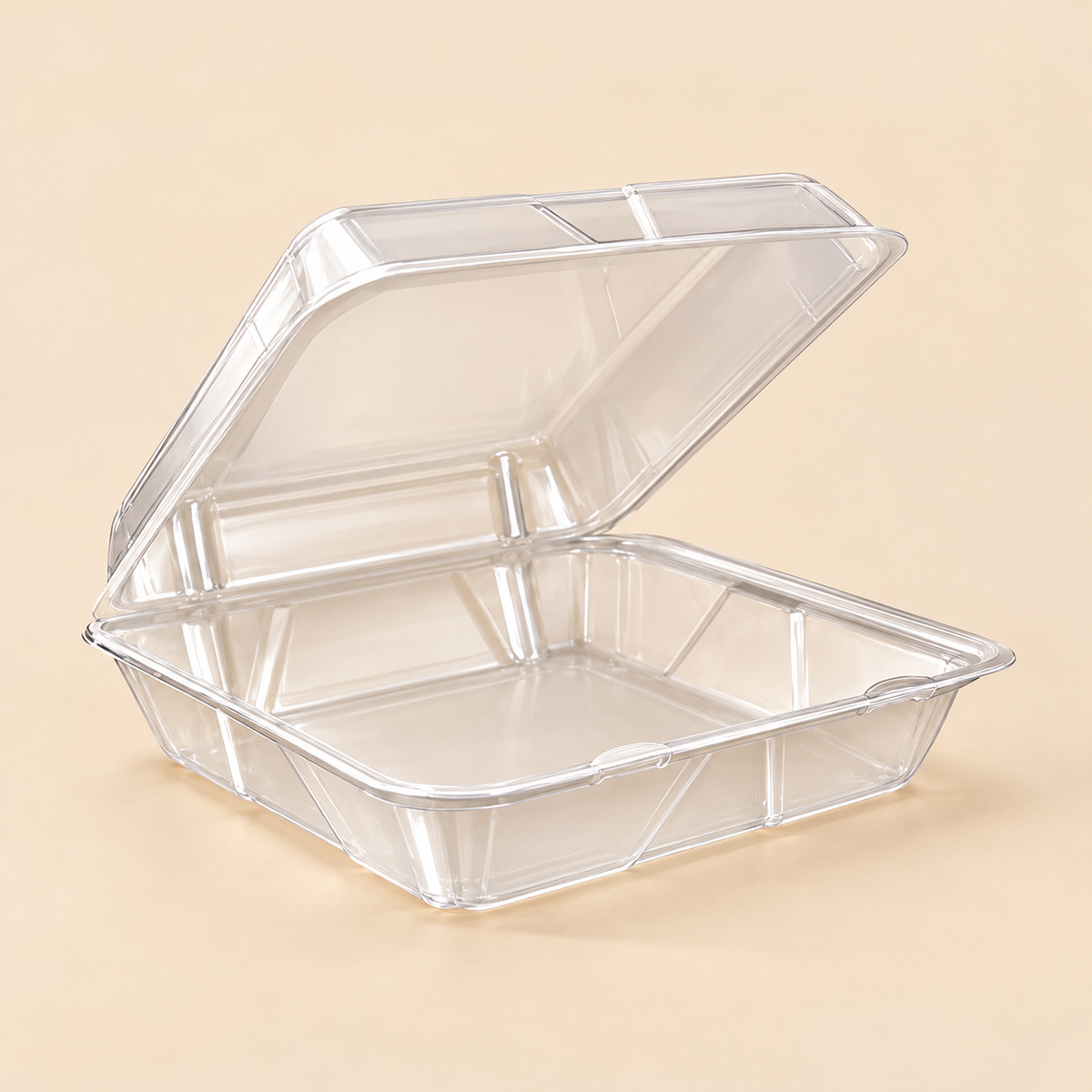 HAPPY FACE HINGED 1CMPT CONT  7. 5 X 8 . 4 X 2.   200 CT — beige studio product photo