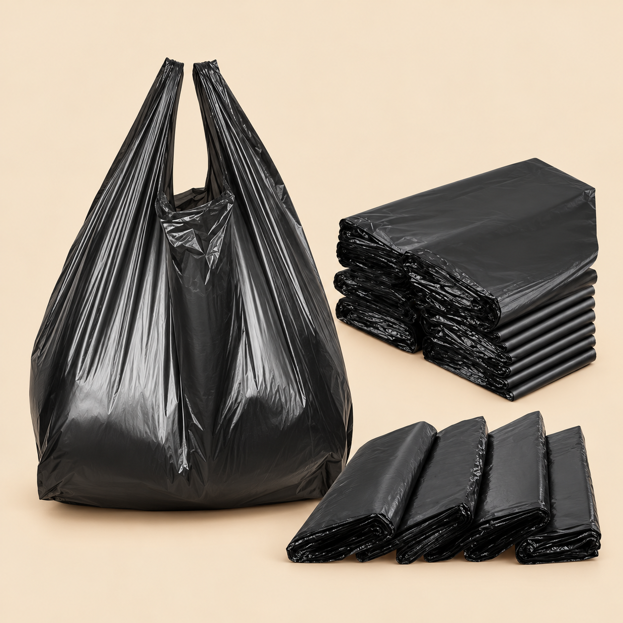 20 X 9 X 36 BLACK T-SHIRT BAGS 200 CT — beige studio product photo