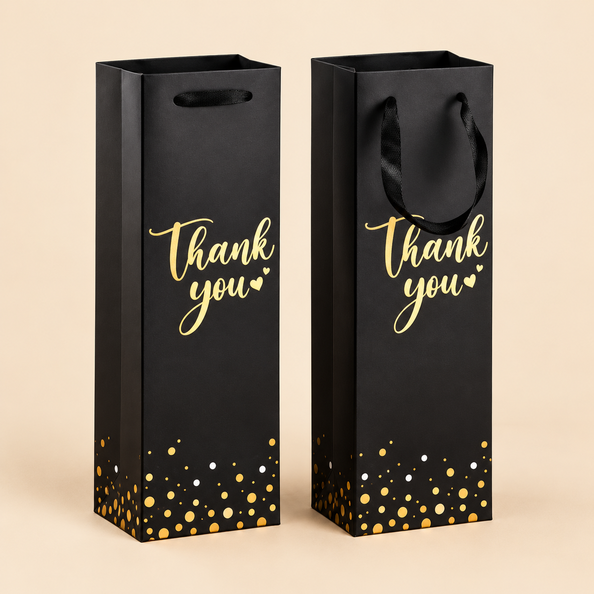 7.5 X 4.5 X 20  LIQUOR GOLD PRINTED THANKYOU BAGS 2 BOTTLES — beige studio product photo